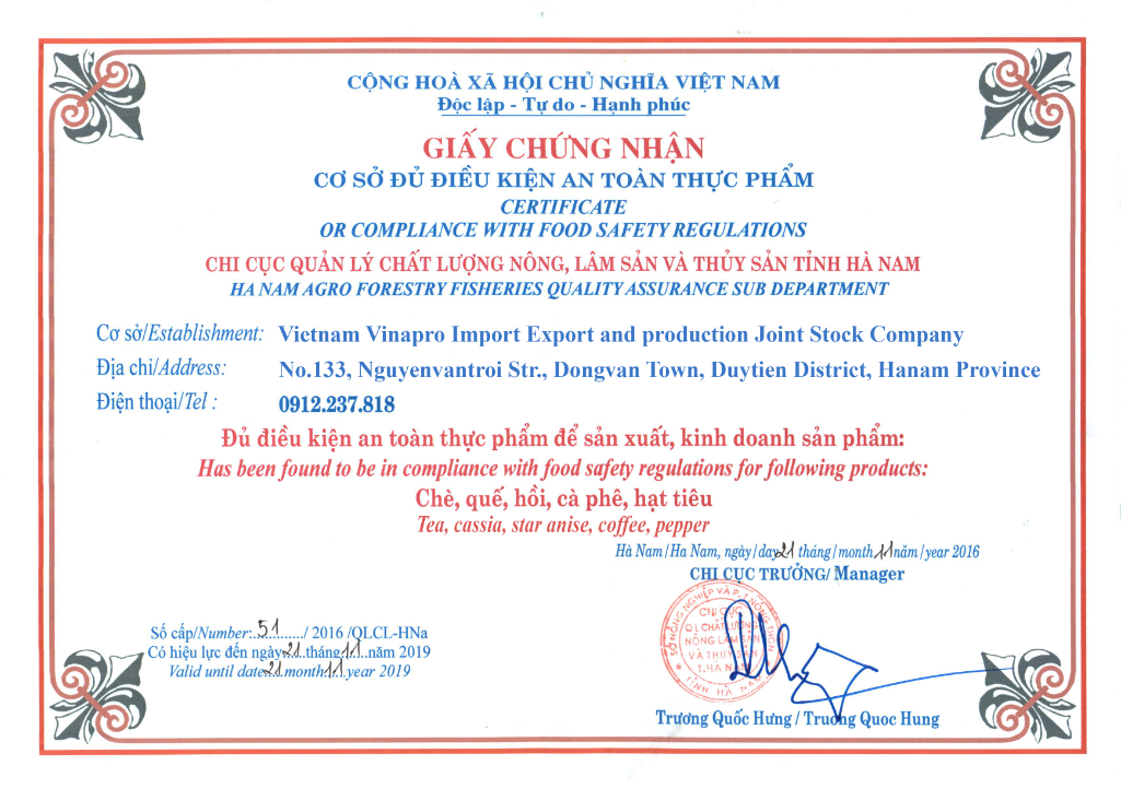FOOD SAFETY CERTIFICATE