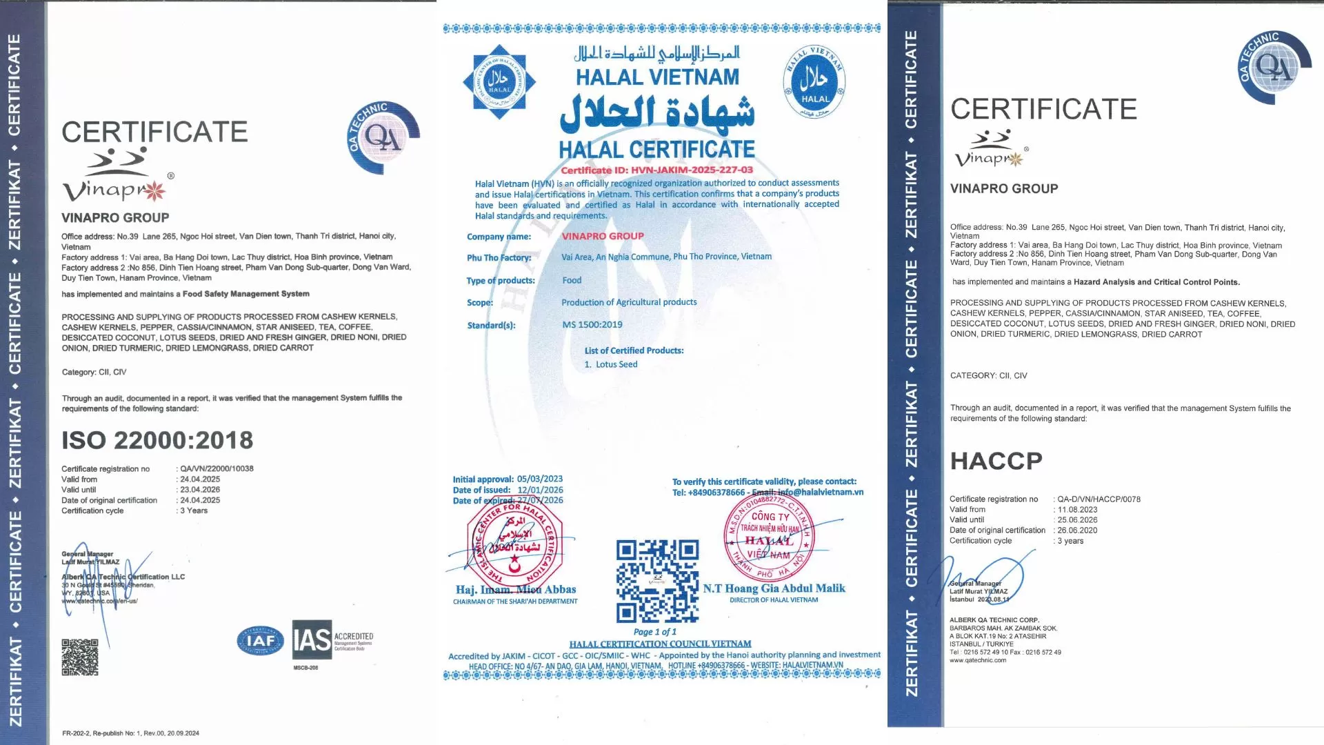 Vinapro international export certifications for black pepper powder