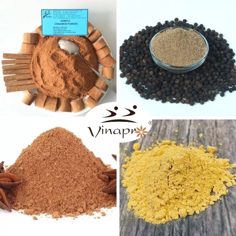 Vietnam spice powder products including cinnamon, black pepper, ginger, and star anise powder